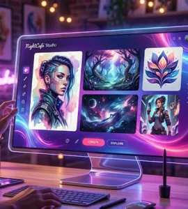 NightCafe.Studio : image ou photo d'une image futuriste avec un écran lumineux au centre, montrant plusieurs images générées par ia. Autour, on voit des couleurs violettes, bleues et roses, avec une ambiance créative et technologique. Au premier plan, une personne écrit un prompt, et l’image prend vie comme par magie.