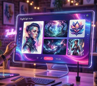NightCafe.Studio : image ou photo d'une image futuriste avec un écran lumineux au centre, montrant plusieurs images générées par ia. Autour, on voit des couleurs violettes, bleues et roses, avec une ambiance créative et technologique. Au premier plan, une personne écrit un prompt, et l’image prend vie comme par magie.