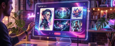 NightCafe.Studio : image ou photo d'une image futuriste avec un écran lumineux au centre, montrant plusieurs images générées par ia. Autour, on voit des couleurs violettes, bleues et roses, avec une ambiance créative et technologique. Au premier plan, une personne écrit un prompt, et l’image prend vie comme par magie.