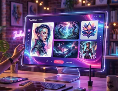NightCafe.Studio : image ou photo d'une image futuriste avec un écran lumineux au centre, montrant plusieurs images générées par ia. Autour, on voit des couleurs violettes, bleues et roses, avec une ambiance créative et technologique. Au premier plan, une personne écrit un prompt, et l’image prend vie comme par magie.