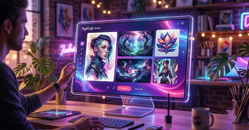 NightCafe.Studio : image ou photo d'une image futuriste avec un écran lumineux au centre, montrant plusieurs images générées par ia. Autour, on voit des couleurs violettes, bleues et roses, avec une ambiance créative et technologique. Au premier plan, une personne écrit un prompt, et l’image prend vie comme par magie.
