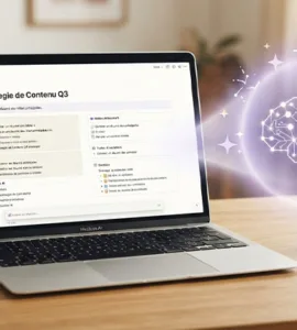 Notion AI : image ou photo d'un ordinateur portable ouvert sur une interface inspirée de Notion. Autour de l’écran, quelques éléments flottants représentent l’intelligence artificielle.