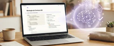 Notion AI : image ou photo d'un ordinateur portable ouvert sur une interface inspirée de Notion. Autour de l’écran, quelques éléments flottants représentent l’intelligence artificielle.