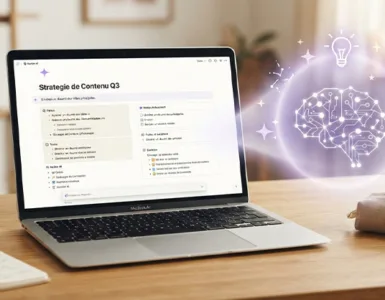 Notion AI : image ou photo d'un ordinateur portable ouvert sur une interface inspirée de Notion. Autour de l’écran, quelques éléments flottants représentent l’intelligence artificielle.