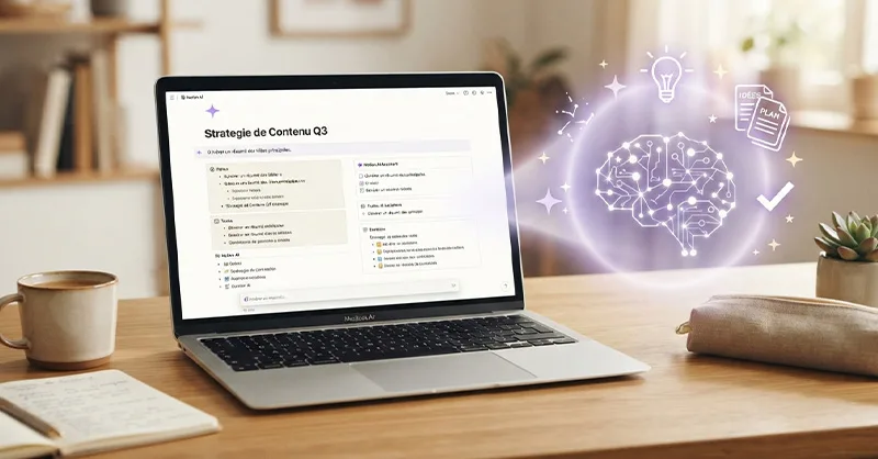 Notion AI : image ou photo d'un ordinateur portable ouvert sur une interface inspirée de Notion. Autour de l’écran, quelques éléments flottants représentent l’intelligence artificielle.