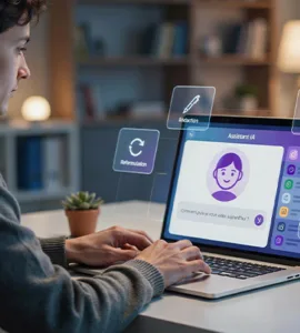 Oreate AI : image ou photo d'une personne face à un ordinateur portable utilisant un assistant IA. Sur l’écran, plusieurs éléments apparaissent autour d’une interface moderne : rédaction de texte, résumé, reformulation, idées et comparaison entre assistants IA.