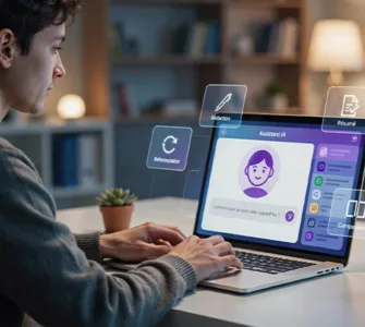 Oreate AI : image ou photo d'une personne face à un ordinateur portable utilisant un assistant IA. Sur l’écran, plusieurs éléments apparaissent autour d’une interface moderne : rédaction de texte, résumé, reformulation, idées et comparaison entre assistants IA.