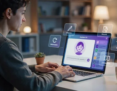Oreate AI : image ou photo d'une personne face à un ordinateur portable utilisant un assistant IA. Sur l’écran, plusieurs éléments apparaissent autour d’une interface moderne : rédaction de texte, résumé, reformulation, idées et comparaison entre assistants IA.