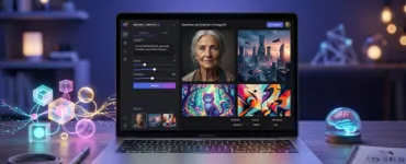 Playground AI : image ou photo d'un ordinateur portable ouvert sur une interface de création d’image par intelligence artificielle. Sur l’écran, on voit plusieurs images générées, comme un portrait, un paysage futuriste et une illustration colorée.