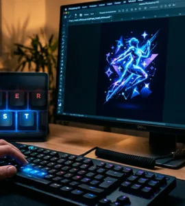 Raccourcis Photoshop : image ou photo montrant l'écran d’ordinateur avec Photoshop ouvert, une main sur le clavier, et plusieurs touches lumineuses mises en avant comme ctrl + z, ctrl + s, ctrl + t, v, b.