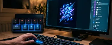 Raccourcis Photoshop : image ou photo montrant l'écran d’ordinateur avec Photoshop ouvert, une main sur le clavier, et plusieurs touches lumineuses mises en avant comme ctrl + z, ctrl + s, ctrl + t, v, b.