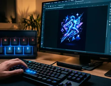 Raccourcis Photoshop : image ou photo montrant l'écran d’ordinateur avec Photoshop ouvert, une main sur le clavier, et plusieurs touches lumineuses mises en avant comme ctrl + z, ctrl + s, ctrl + t, v, b.