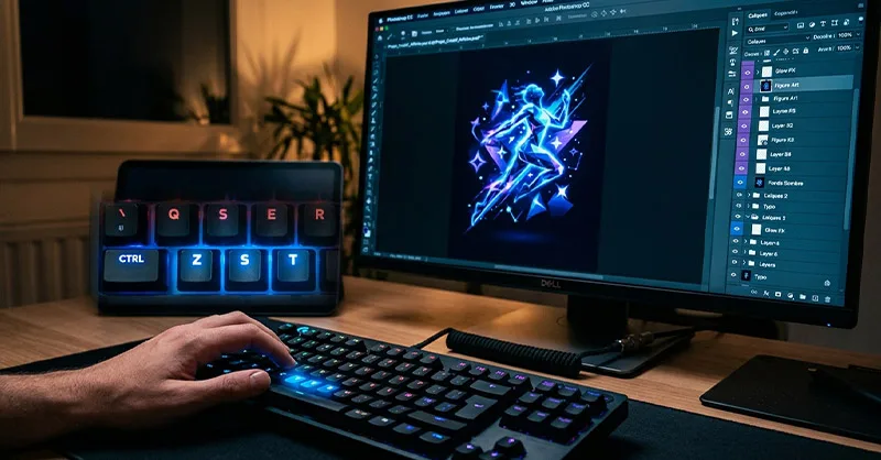 Raccourcis Photoshop : image ou photo montrant l'écran d’ordinateur avec Photoshop ouvert, une main sur le clavier, et plusieurs touches lumineuses mises en avant comme ctrl + z, ctrl + s, ctrl + t, v, b.