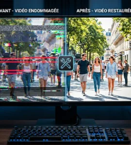 Réparer une vidéo : image ou photo montrant un écran d’ordinateur avec une vidéo coupée en deux. À gauche, l’image est abîmée, pixelisée et marquée par des effets de glitch rouges. À droite, la vidéo est nette, lumineuse et parfaitement restaurée. Un petit symbole d’outil ou de réparation apparaît au centre.