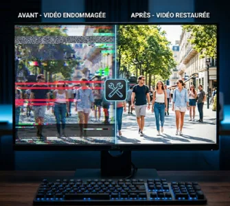Réparer une vidéo : image ou photo montrant un écran d’ordinateur avec une vidéo coupée en deux. À gauche, l’image est abîmée, pixelisée et marquée par des effets de glitch rouges. À droite, la vidéo est nette, lumineuse et parfaitement restaurée. Un petit symbole d’outil ou de réparation apparaît au centre.