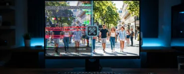 Réparer une vidéo : image ou photo montrant un écran d’ordinateur avec une vidéo coupée en deux. À gauche, l’image est abîmée, pixelisée et marquée par des effets de glitch rouges. À droite, la vidéo est nette, lumineuse et parfaitement restaurée. Un petit symbole d’outil ou de réparation apparaît au centre.