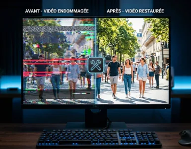 Réparer une vidéo : image ou photo montrant un écran d’ordinateur avec une vidéo coupée en deux. À gauche, l’image est abîmée, pixelisée et marquée par des effets de glitch rouges. À droite, la vidéo est nette, lumineuse et parfaitement restaurée. Un petit symbole d’outil ou de réparation apparaît au centre.