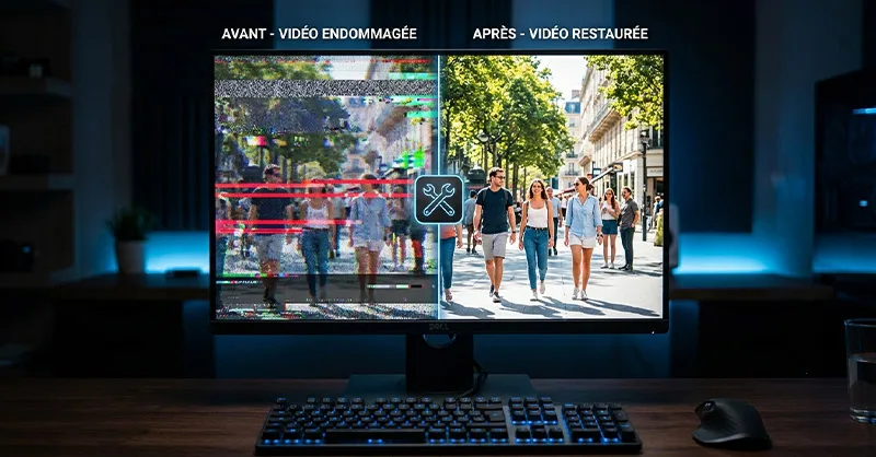 Réparer une vidéo : image ou photo montrant un écran d’ordinateur avec une vidéo coupée en deux. À gauche, l’image est abîmée, pixelisée et marquée par des effets de glitch rouges. À droite, la vidéo est nette, lumineuse et parfaitement restaurée. Un petit symbole d’outil ou de réparation apparaît au centre.