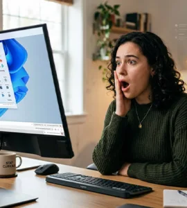 Rotation d'un écran PC : image ou photo d'un bureau moderne avec un écran de PC légèrement incliné, affichant une interface Windows retournée ou en rotation. À côté, une personne surprise regarde l’écran avec une expression étonnée. En arrière-plan, quelques flèches circulaires montrent le mouvement de rotation.