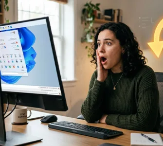 Rotation d'un écran PC : image ou photo d'un bureau moderne avec un écran de PC légèrement incliné, affichant une interface Windows retournée ou en rotation. À côté, une personne surprise regarde l’écran avec une expression étonnée. En arrière-plan, quelques flèches circulaires montrent le mouvement de rotation.