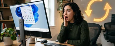 Rotation d'un écran PC : image ou photo d'un bureau moderne avec un écran de PC légèrement incliné, affichant une interface Windows retournée ou en rotation. À côté, une personne surprise regarde l’écran avec une expression étonnée. En arrière-plan, quelques flèches circulaires montrent le mouvement de rotation.