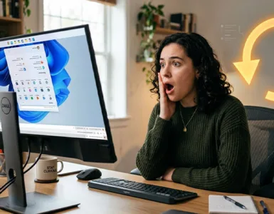 Rotation d'un écran PC : image ou photo d'un bureau moderne avec un écran de PC légèrement incliné, affichant une interface Windows retournée ou en rotation. À côté, une personne surprise regarde l’écran avec une expression étonnée. En arrière-plan, quelques flèches circulaires montrent le mouvement de rotation.