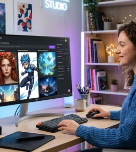 SeaArt : image ou photo représentant une image de couverture moderne sur SeaArt, avec un écran d’ordinateur affichant une interface de génération d’images par intelligence artificielle, plusieurs créations visibles autour de l’écran, comme un portrait réaliste, un personnage manga et un paysage fantastique, ambiance créative et technologique.