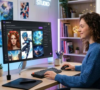 SeaArt : image ou photo représentant une image de couverture moderne sur SeaArt, avec un écran d’ordinateur affichant une interface de génération d’images par intelligence artificielle, plusieurs créations visibles autour de l’écran, comme un portrait réaliste, un personnage manga et un paysage fantastique, ambiance créative et technologique.