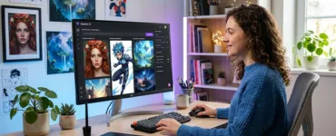 SeaArt : image ou photo représentant une image de couverture moderne sur SeaArt, avec un écran d’ordinateur affichant une interface de génération d’images par intelligence artificielle, plusieurs créations visibles autour de l’écran, comme un portrait réaliste, un personnage manga et un paysage fantastique, ambiance créative et technologique.