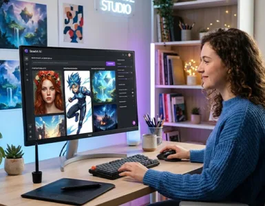 SeaArt : image ou photo représentant une image de couverture moderne sur SeaArt, avec un écran d’ordinateur affichant une interface de génération d’images par intelligence artificielle, plusieurs créations visibles autour de l’écran, comme un portrait réaliste, un personnage manga et un paysage fantastique, ambiance créative et technologique.
