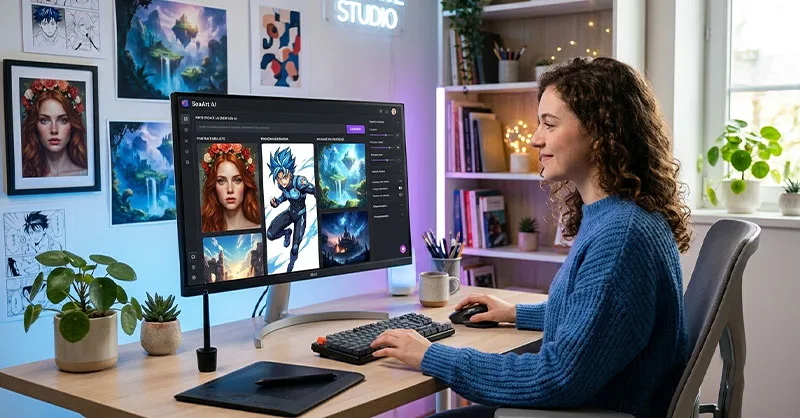 SeaArt : image ou photo représentant une image de couverture moderne sur SeaArt, avec un écran d’ordinateur affichant une interface de génération d’images par intelligence artificielle, plusieurs créations visibles autour de l’écran, comme un portrait réaliste, un personnage manga et un paysage fantastique, ambiance créative et technologique.