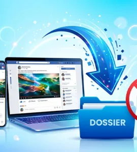 Télécharger une vidéo Facebook : image ou photo d'un smartphone et un ordinateur affichent une vidéo dans une interface inspirée des réseaux sociaux. Une grande flèche de téléchargement descend vers un dossier.
