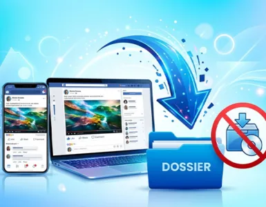 Télécharger une vidéo Facebook : image ou photo d'un smartphone et un ordinateur affichent une vidéo dans une interface inspirée des réseaux sociaux. Une grande flèche de téléchargement descend vers un dossier.