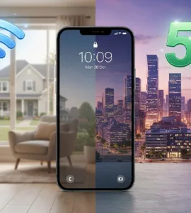 Wi-fi ou données mobiles : image ou photo d'un smartphone placé au centre, avec à gauche une icône wi-fi bleue et à droite une icône 5g verte.