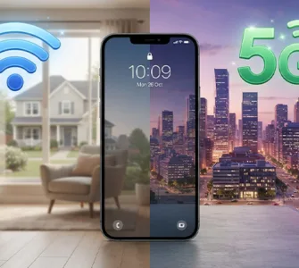 Wi-fi ou données mobiles : image ou photo d'un smartphone placé au centre, avec à gauche une icône wi-fi bleue et à droite une icône 5g verte.