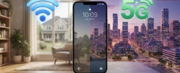 Wi-fi ou données mobiles : image ou photo d'un smartphone placé au centre, avec à gauche une icône wi-fi bleue et à droite une icône 5g verte.