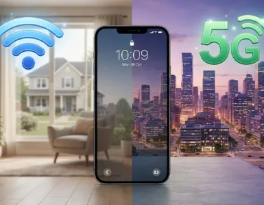 Wi-fi ou données mobiles : image ou photo d'un smartphone placé au centre, avec à gauche une icône wi-fi bleue et à droite une icône 5g verte.