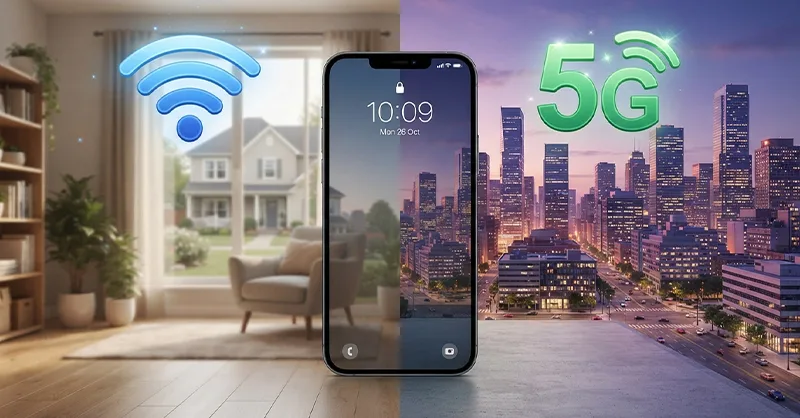 Wi-fi ou données mobiles : image ou photo d'un smartphone placé au centre, avec à gauche une icône wi-fi bleue et à droite une icône 5g verte.