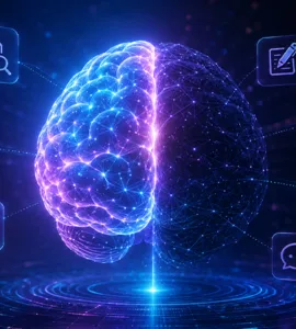 Gemini : image ou photo d'un cerveau numérique futuriste lumineux au centre, moitié visible moitié cachée dans l’ombre, plusieurs icônes discrètes autour représentant l’analyse de documents, les images, le code, la rédaction, l’apprentissage, les graphiques et la conversation.