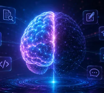 Gemini : image ou photo d'un cerveau numérique futuriste lumineux au centre, moitié visible moitié cachée dans l’ombre, plusieurs icônes discrètes autour représentant l’analyse de documents, les images, le code, la rédaction, l’apprentissage, les graphiques et la conversation.