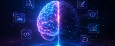 Gemini : image ou photo d'un cerveau numérique futuriste lumineux au centre, moitié visible moitié cachée dans l’ombre, plusieurs icônes discrètes autour représentant l’analyse de documents, les images, le code, la rédaction, l’apprentissage, les graphiques et la conversation.