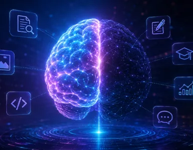 Gemini : image ou photo d'un cerveau numérique futuriste lumineux au centre, moitié visible moitié cachée dans l’ombre, plusieurs icônes discrètes autour représentant l’analyse de documents, les images, le code, la rédaction, l’apprentissage, les graphiques et la conversation.