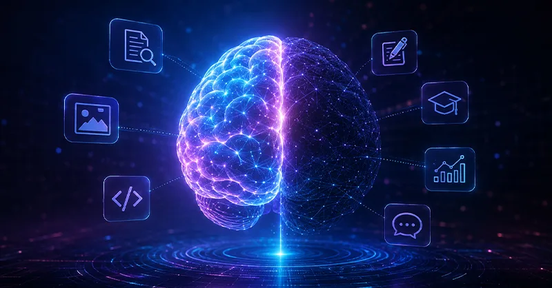 Gemini : image ou photo d'un cerveau numérique futuriste lumineux au centre, moitié visible moitié cachée dans l’ombre, plusieurs icônes discrètes autour représentant l’analyse de documents, les images, le code, la rédaction, l’apprentissage, les graphiques et la conversation.