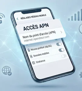 APN : image ou photo d'un smartphone moderne vu de face, avec l’écran affichant les réglages du réseau mobile. Autour du téléphone, quelques éléments visuels discrets comme une icône 4G/5G, des barres de réseau 📶 et un petit symbole de connexion internet.