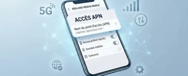 APN : image ou photo d'un smartphone moderne vu de face, avec l’écran affichant les réglages du réseau mobile. Autour du téléphone, quelques éléments visuels discrets comme une icône 4G/5G, des barres de réseau 📶 et un petit symbole de connexion internet.