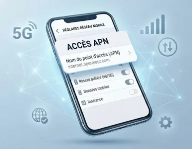 APN : image ou photo d'un smartphone moderne vu de face, avec l’écran affichant les réglages du réseau mobile. Autour du téléphone, quelques éléments visuels discrets comme une icône 4G/5G, des barres de réseau 📶 et un petit symbole de connexion internet.