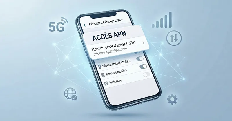 APN : image ou photo d'un smartphone moderne vu de face, avec l’écran affichant les réglages du réseau mobile. Autour du téléphone, quelques éléments visuels discrets comme une icône 4G/5G, des barres de réseau 📶 et un petit symbole de connexion internet.