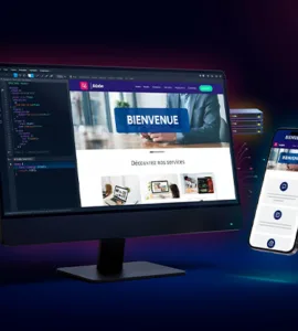 Adobe Dreamweaver : image ou photo d'un écran d’ordinateur affichant l’interface d’un éditeur web, avec du code html et css à gauche, et l’aperçu d’un site moderne à droite.