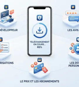 Avant de télécharger une application : image ou photo d'un smartphone au centre de l’image, avec une application en cours de téléchargement à l’écran. Autour, 5 icônes flottantes qui représentent les points à vérifier : le développeur, les avis, les autorisations, les données personnelles, le prix et les abonnements.