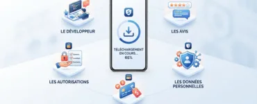 Avant de télécharger une application : image ou photo d'un smartphone au centre de l’image, avec une application en cours de téléchargement à l’écran. Autour, 5 icônes flottantes qui représentent les points à vérifier : le développeur, les avis, les autorisations, les données personnelles, le prix et les abonnements.